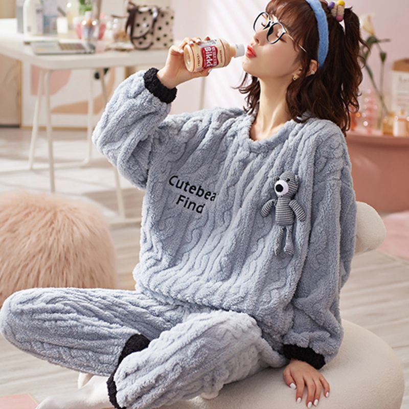 Coral fleece pajamas women's autumn and winter thickened cute cartoon bear loose student flannel large size home service suit