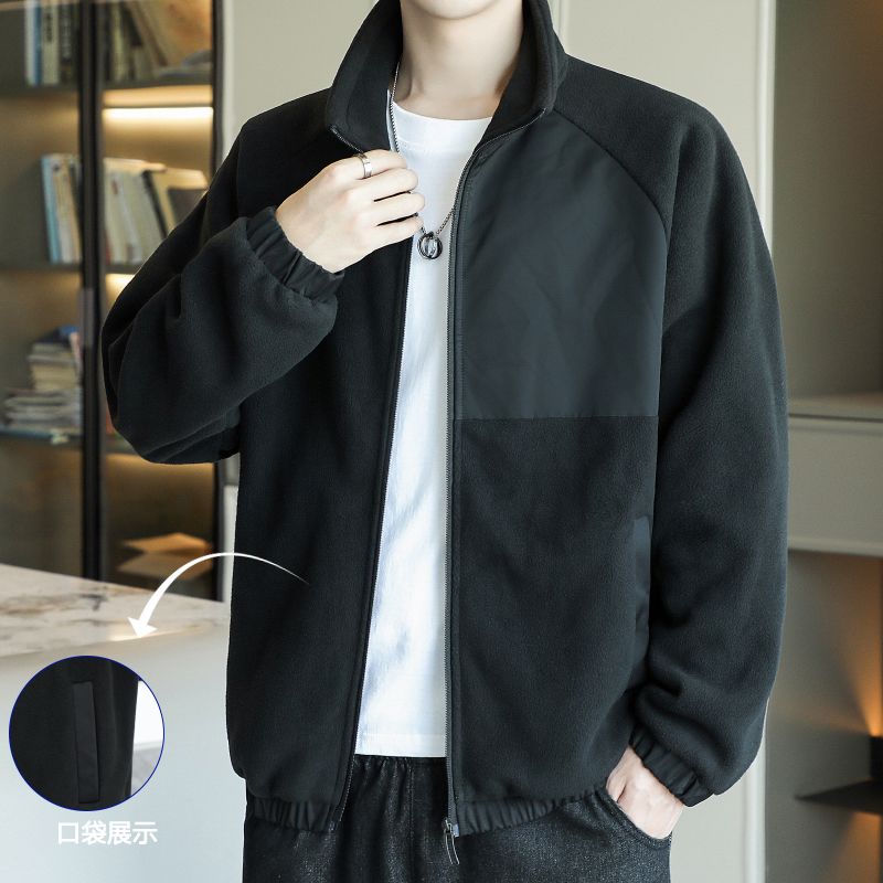 Men's Fleece Jacket For Spring, Autumn, And Winter, Casual, Thickened, Fleece-lined, Trendy, Versatile, Color-blocked,_voghion.com