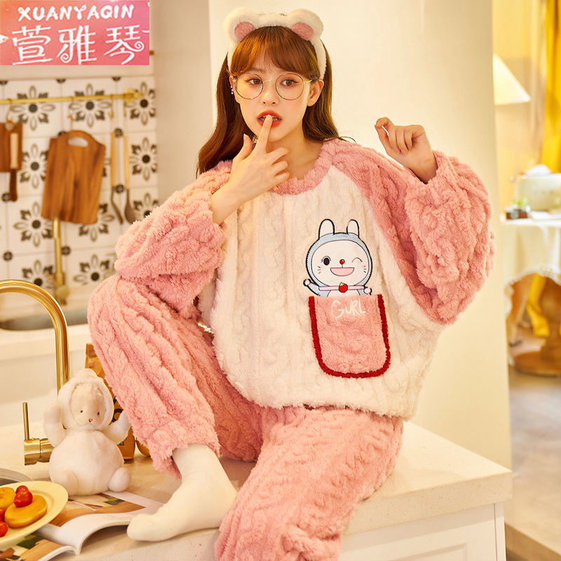 100% double-sided coral fleece pajamas women's winter long-sleeved thickened warm cartoon home service student large size suit autumn