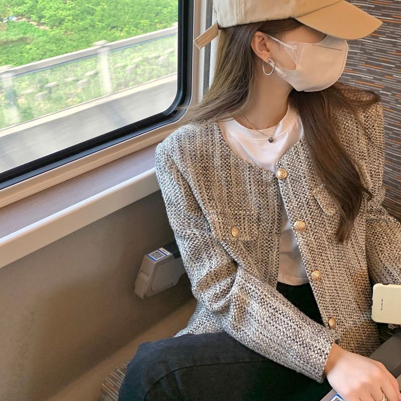 "Ten Miles of Peach Blossom" new style small fragrant style short long-sleeved jacket winter thin style loose cardigan top for women