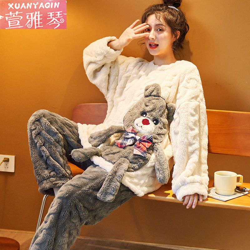 100% double-sided coral fleece pajamas women's winter long-sleeved thickened warm cartoon home service student large size suit autumn