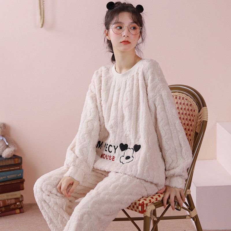 Coral fleece pajamas women's autumn and winter thickened cute cartoon bear loose student flannel large size home service suit