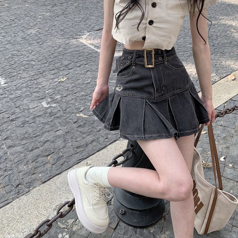 Design sense denim pleated skirt skirt women's summer new large size retro high waist slimming belly-covering a-line skirt