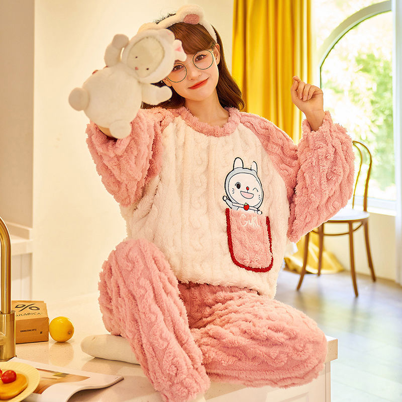 Coral fleece pajamas women's autumn and winter thickened cute cartoon bear loose student flannel large size home service suit