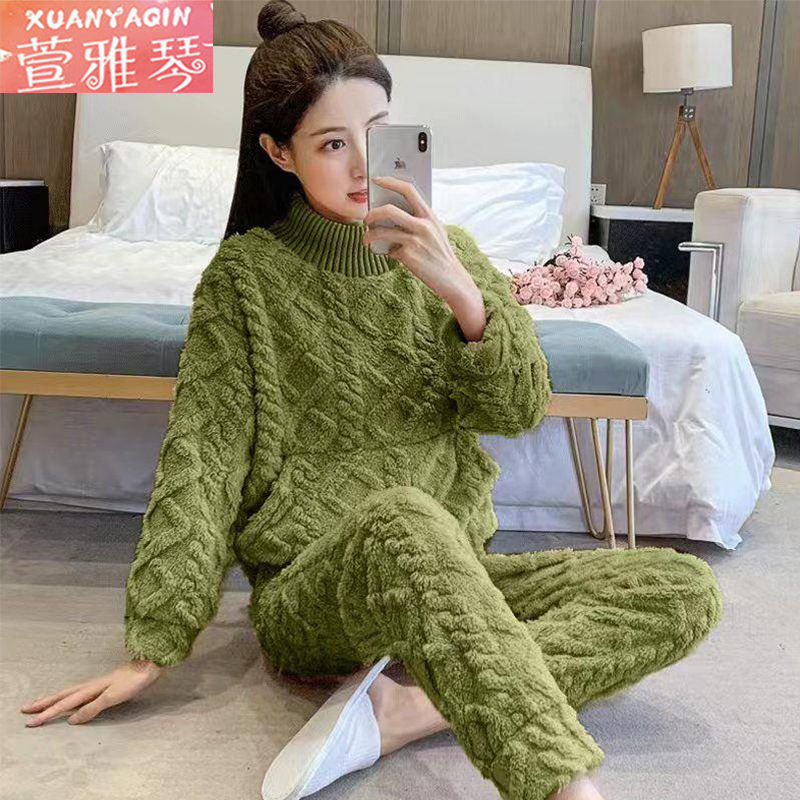 Pajamas women's winter coral fleece casual Korean version high-necked pullover thickened can be worn outside suit loose large size home service