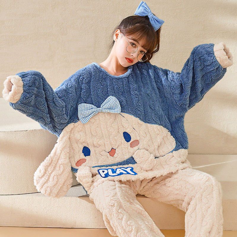 Coral fleece pajamas women's autumn and winter thickened cute cartoon bear loose student flannel large size home service suit