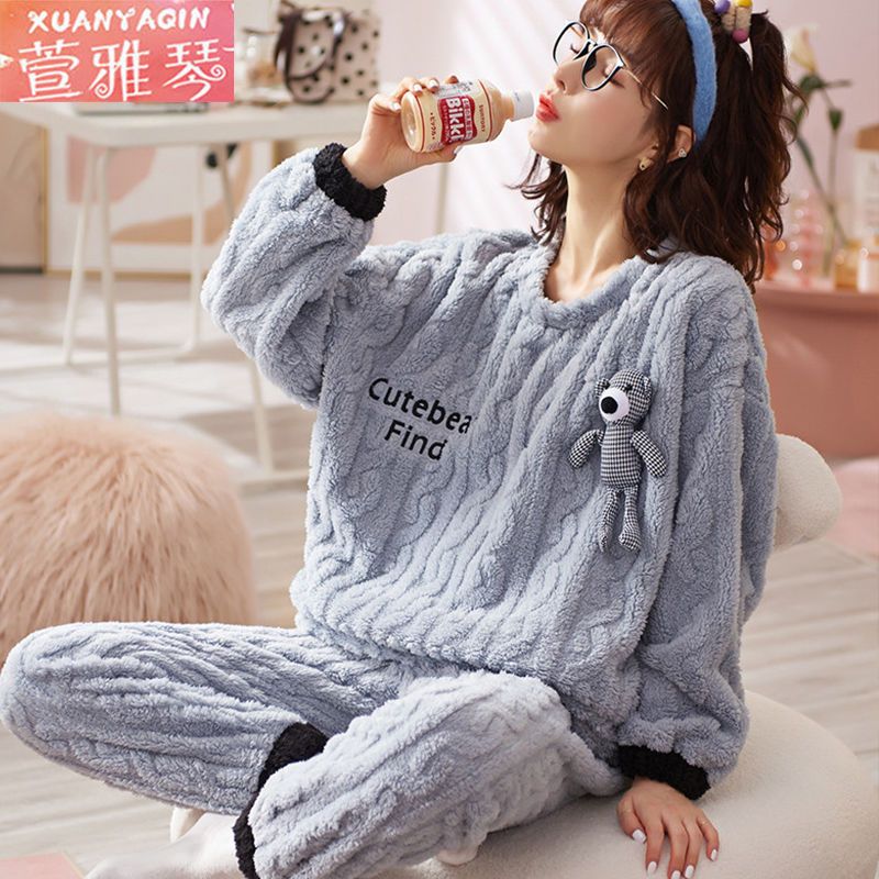 100% double-sided coral fleece pajamas women's winter long-sleeved thickened warm cartoon home service student large size suit autumn