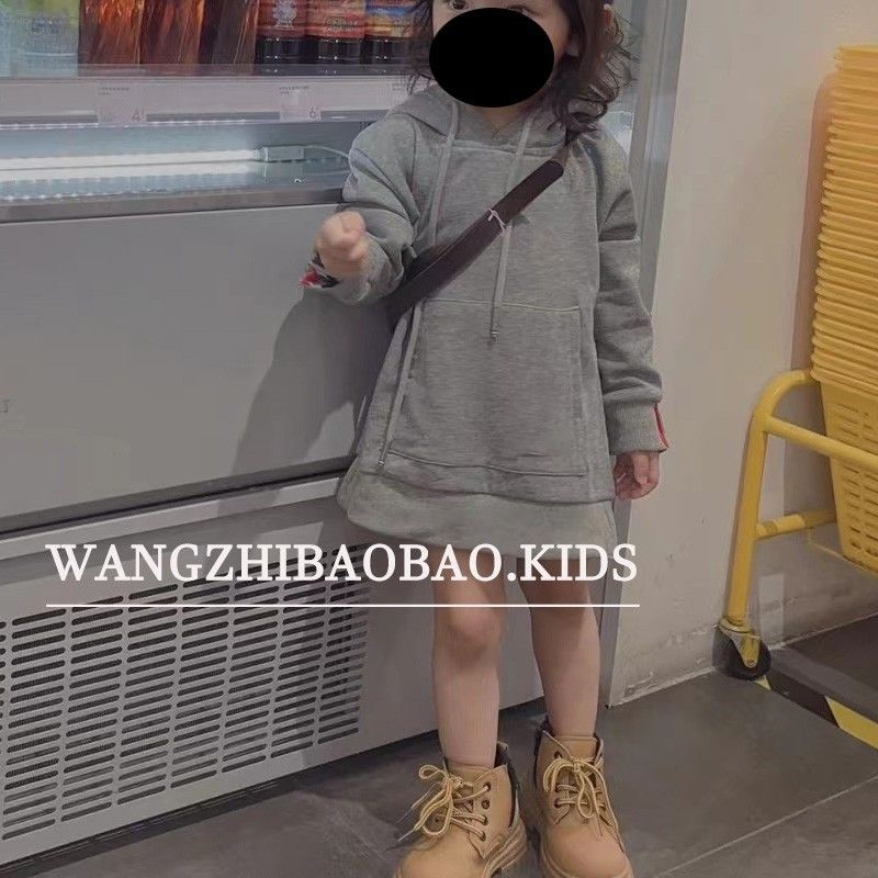 Girls gray pullover hooded sweater loose mid-length college style loose top spring and autumn children's thin section baby