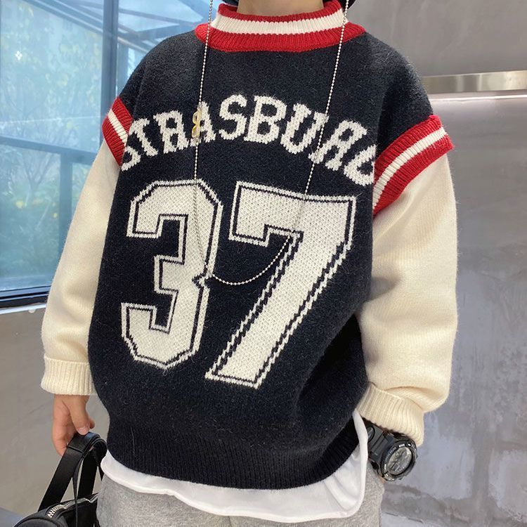 Boys' sweater fake two pieces 2023 new foreign style children's Korean sports sweater medium and large children's clothing warm top