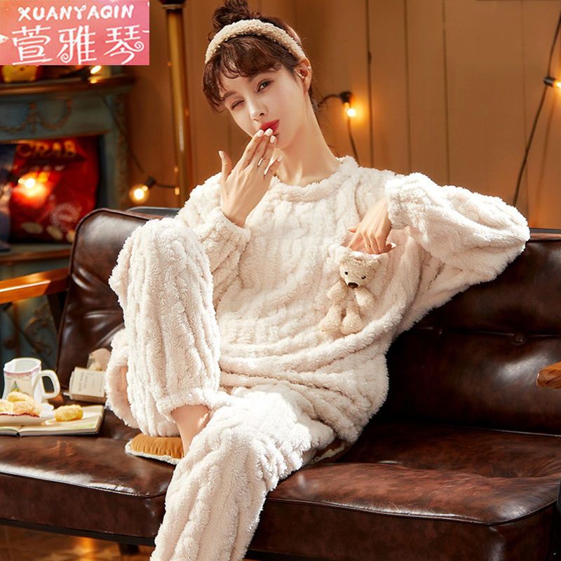 100% double-sided coral fleece pajamas women's winter long-sleeved thickened warm cartoon home service student large size suit autumn