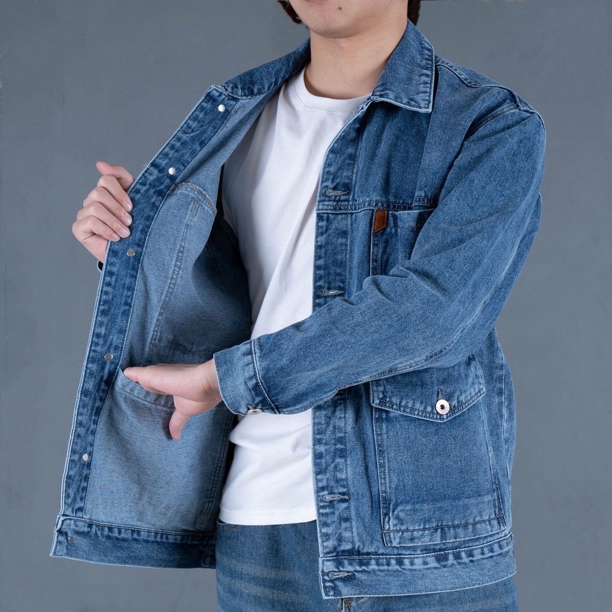 Japanese retro men's multi-pocket denim jacket large size loose all-match spring and autumn trendy brand high-end wear-resistant gown