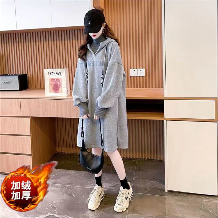 Fat MM Thin Velvet Fake Two-piece Long Sweater Dress Spring and Autumn Extra Large Size 300 Jin Loose Covering Belly High Collar Dress