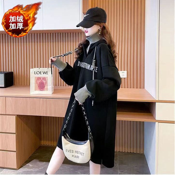 Fat MM Thin Velvet Fake Two-piece Long Sweater Dress Spring and Autumn Extra Large Size 300 Jin Loose Covering Belly High Collar Dress