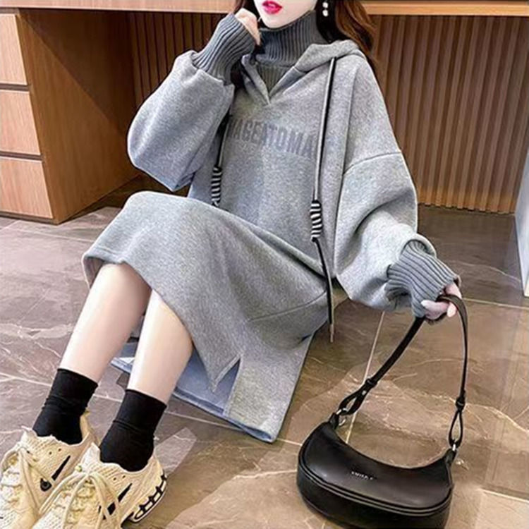 Fat MM Thin Velvet Fake Two-piece Long Sweater Dress Spring and Autumn Extra Large Size 300 Jin Loose Covering Belly High Collar Dress