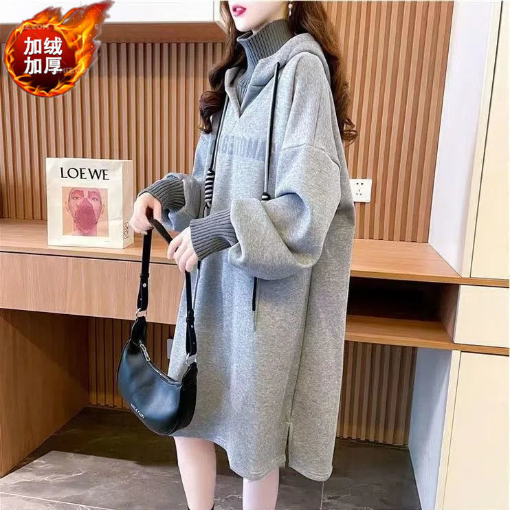 Fat MM Thin Velvet Fake Two-piece Long Sweater Dress Spring and Autumn Extra Large Size 300 Jin Loose Covering Belly High Collar Dress