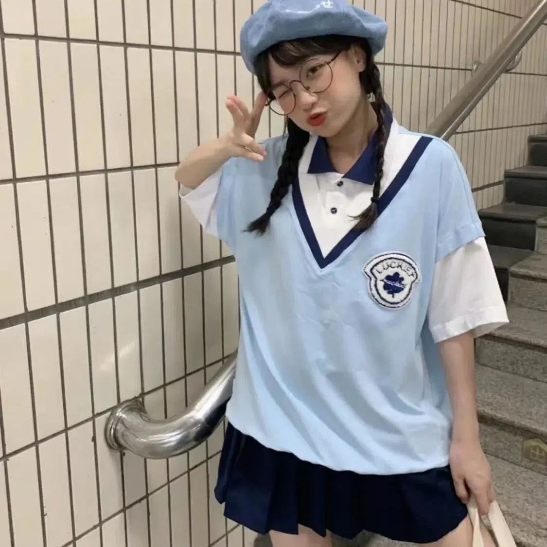 拼接螺纹假两件polo衫学院风T恤上衣百褶裙学生校服校服初中生女