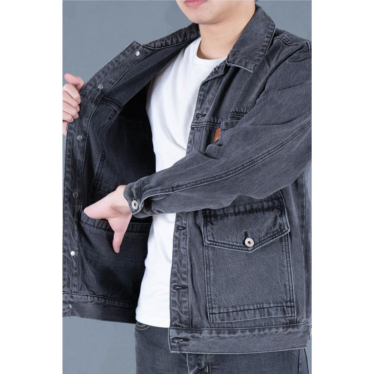 Japanese retro men's multi-pocket denim jacket large size loose all-match spring and autumn trendy brand high-end wear-resistant gown