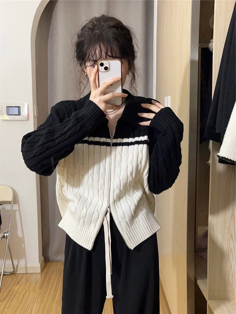 Sweater women's autumn and winter twist color matching double zipper polo collar Japanese lazy retro milk whirring thin coat top