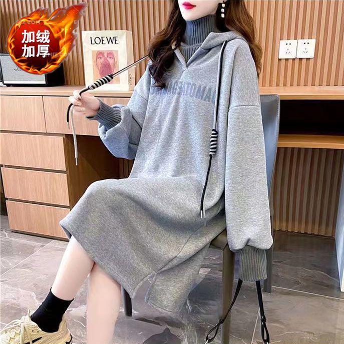 Fat MM Thin Velvet Fake Two-piece Long Sweater Dress Spring and Autumn Extra Large Size 300 Jin Loose Covering Belly High Collar Dress