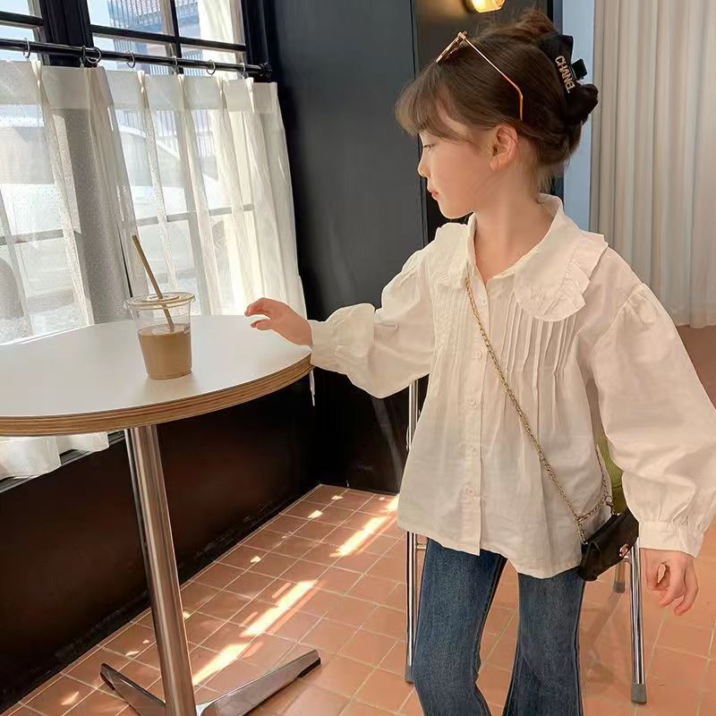 Girls' shirt autumn new doll collar long-sleeved girl's shirt white spring and autumn puff sleeve foreign style top