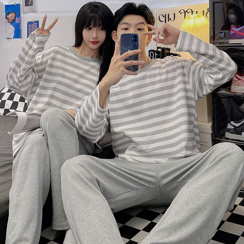 Buy one get one free couple pajamas women's spring and autumn long-sleeved net red hot style striped lazy style men's homewear suit