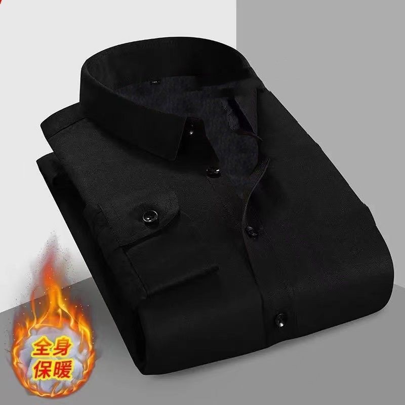 冬季黑色衬衫男长袖纯色休闲白衬衣男士加绒保暖修身潮流寸衫