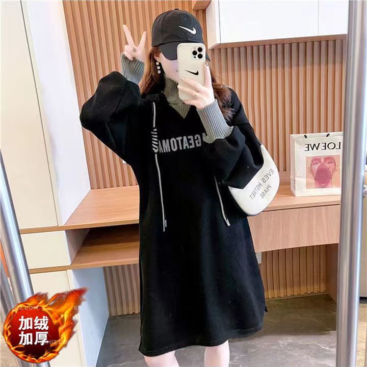 Fat MM Thin Velvet Fake Two-piece Long Sweater Dress Spring and Autumn Extra Large Size 300 Jin Loose Covering Belly High Collar Dress