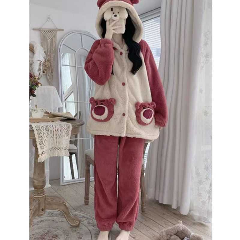 Strawberry bear pajamas women's thickened plus velvet coral fleece cute hooded warm two-piece suit can be worn outside home clothes winter
