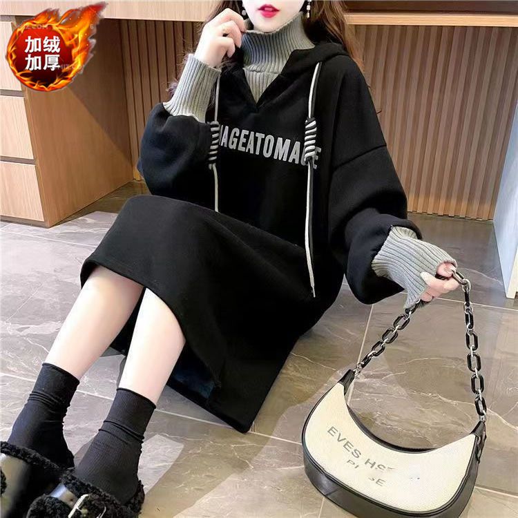 Fat MM Thin Velvet Fake Two-piece Long Sweater Dress Spring and Autumn Extra Large Size 300 Jin Loose Covering Belly High Collar Dress