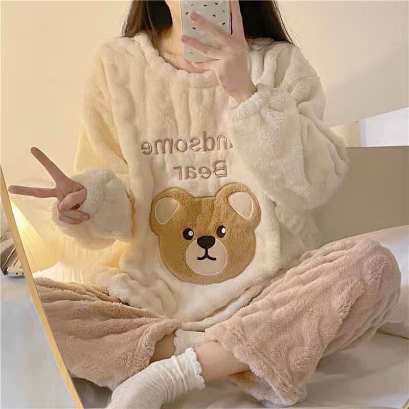 Coral fleece pajamas women's autumn and winter thickened and velvet student cute 2022 new flannel home service suit