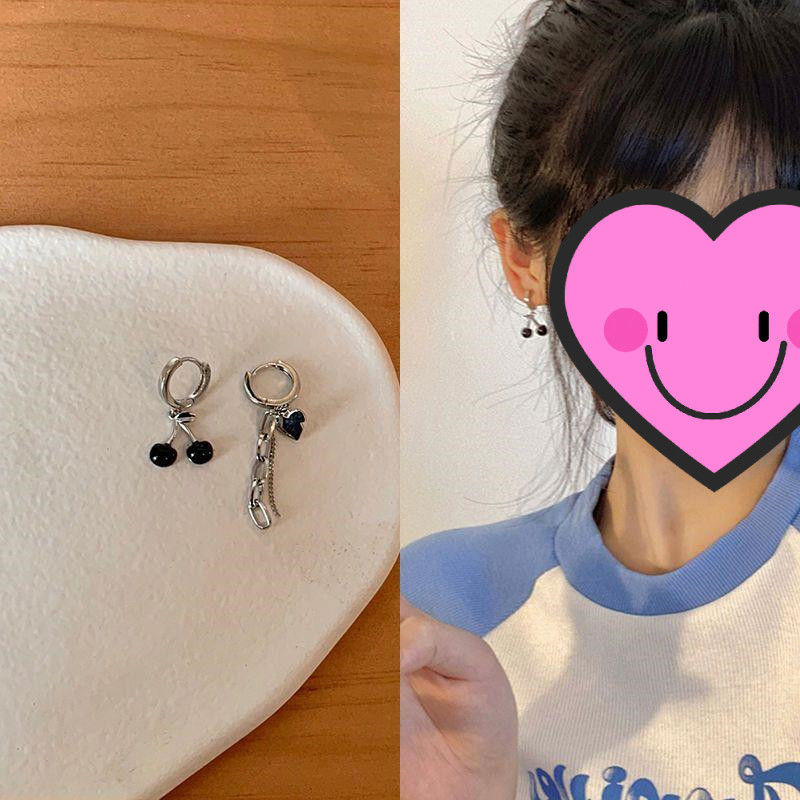 甜颯不對稱耳環櫻桃愛心耳飾女夏小眾設計感簡約冷淡風耳釘耳圈