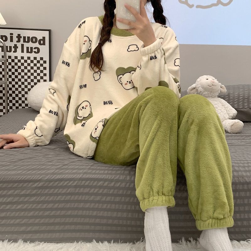 Plush thickened pajamas women's suit autumn and winter warm Korean version loose home service dormitory cute coral flannel