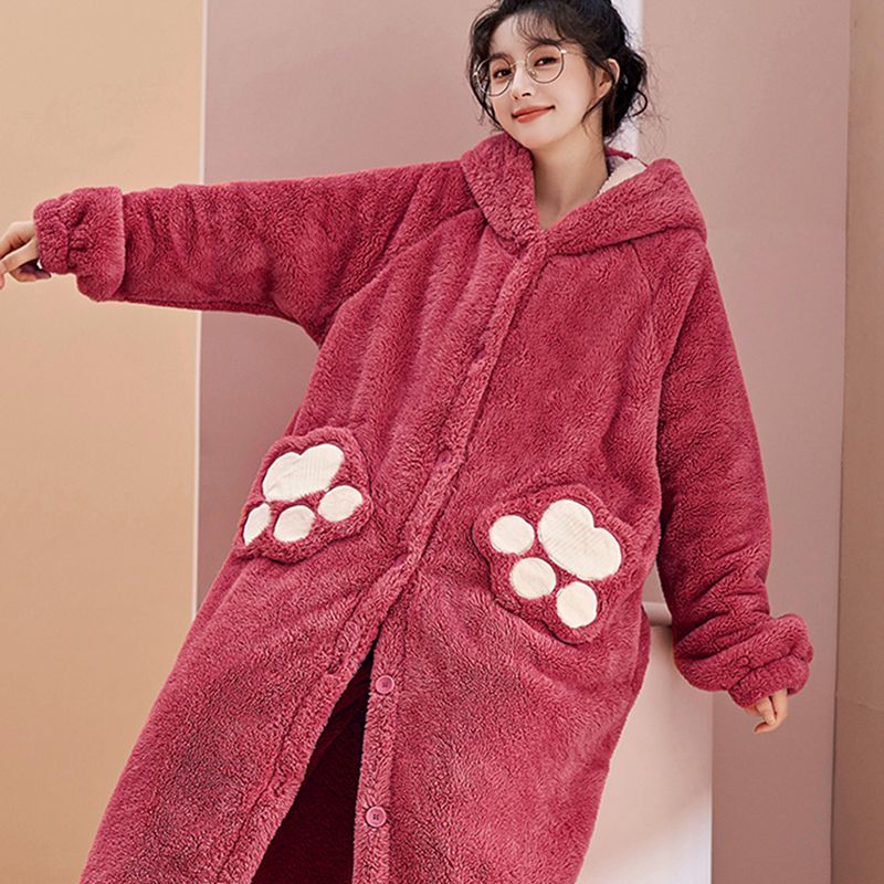 Strawberry bear pajamas women's autumn and winter hooded two-piece coral fleece plus velvet thickened large size bathrobe home service nightgown