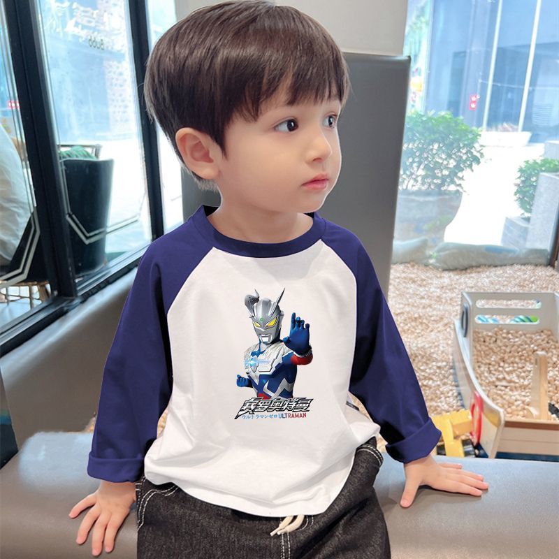 Boys pure cotton color matching long-sleeved t-shirt spring and autumn bottoming shirt new baby small children's sweater foreign style top trend