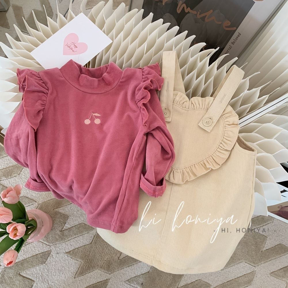 Girls' Korean children's clothing  season new product small cherry embroidery flying sleeves high-necked tops bottoming shirts with German style