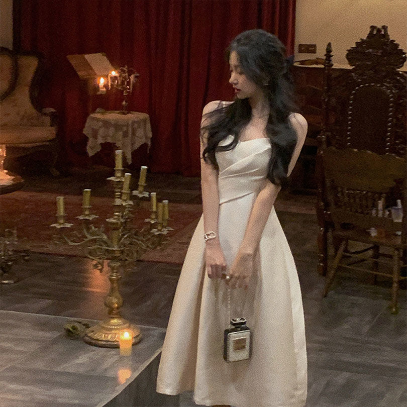 [Spot second hair] French satin dress glossy silky suspender skirt waist temperament dinner dress skirt