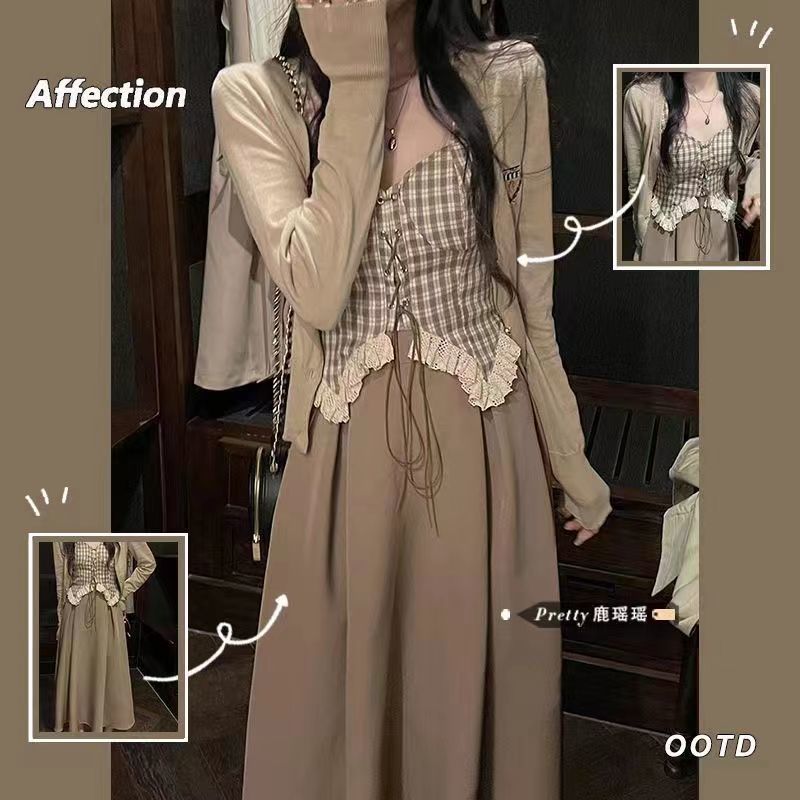溫柔風格子吊帶背心三件套裝女秋復古外搭防曬開衫高腰百褶半身裙