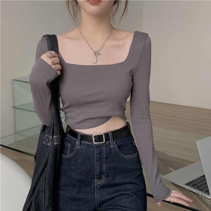 Pure lust style sweet hot girl square collar short top women's spring and autumn 2022 new slim long-sleeved inner layering shirt