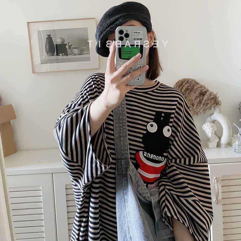 2-300 catties large size spring and autumn new striped thin section casual pajamas can be worn outside loose long knee nightdress women