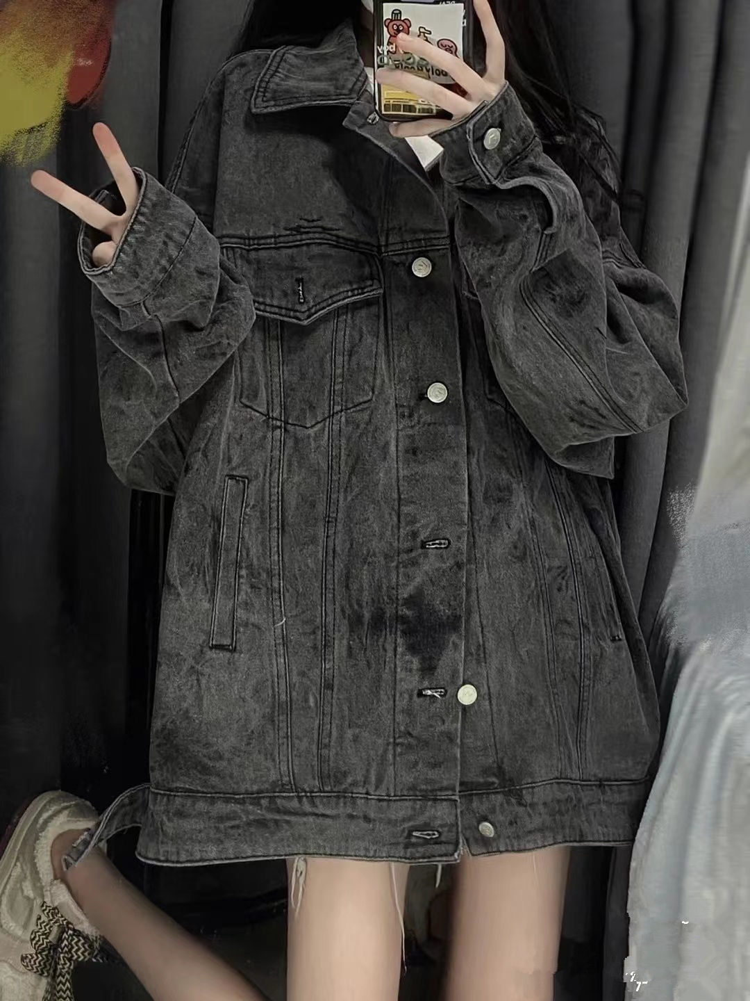 Guochao brand fashion retro black denim jacket female spring and autumn new loose Hong Kong style BF fried street baseball uniform jacket