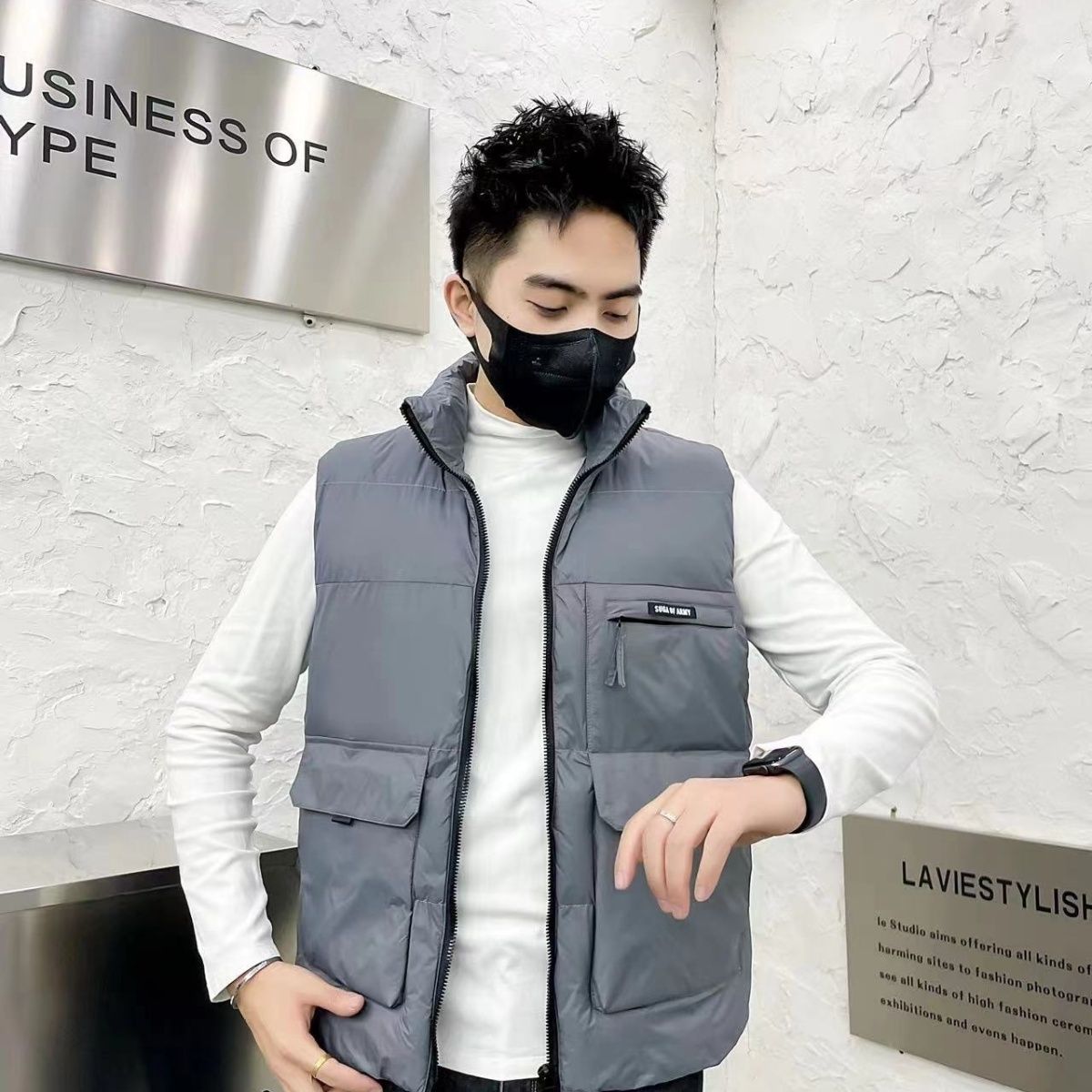 Stand-up collar net red same style down cotton vest ruffian handsome vest sleeveless vest thickened white velvet cotton warm and comfortable top