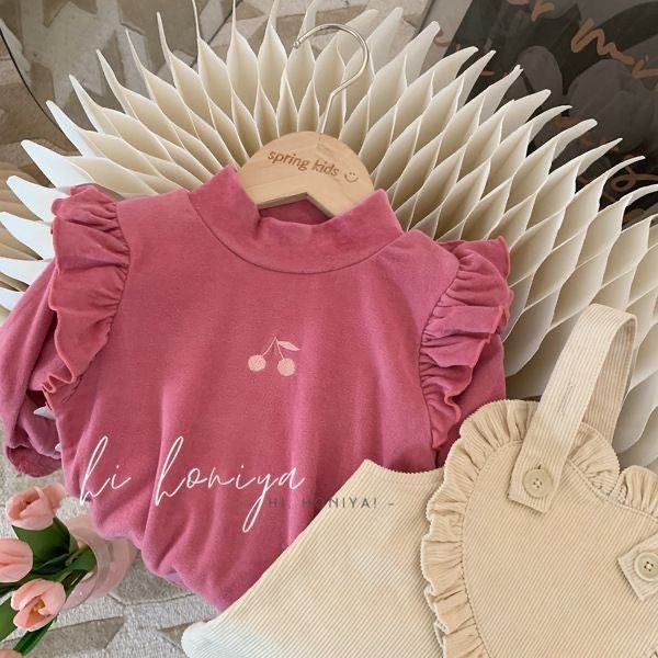 Girls' Korean children's clothing  season new product small cherry embroidery flying sleeves high-necked tops bottoming shirts with German style