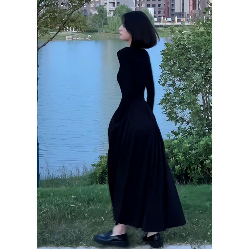 Black Swan Hepburn style French autumn advanced lazy skirt slim and thin long A-line skirt long-sleeved dress
