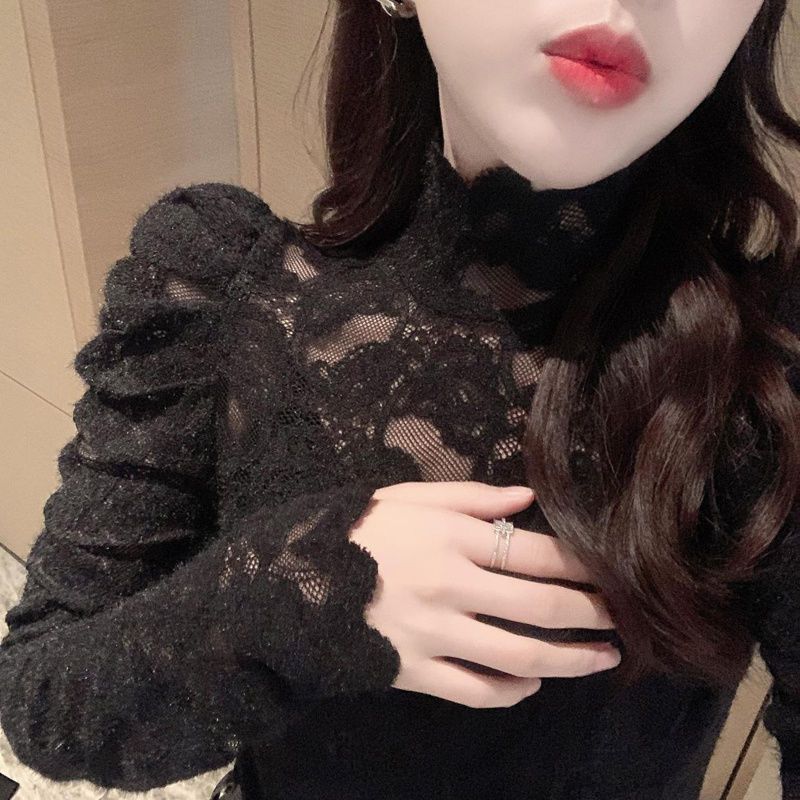 港味設計感磨毛高領蕾絲打底衫女秋冬洋氣別致漂亮小衫內搭上衣潮