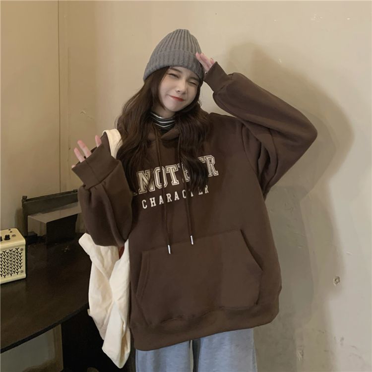 吉兔狗 纯棉咖啡色卫衣女学生棕色卫衣加绒加厚秋冬季新款宽松慵懒风上衣