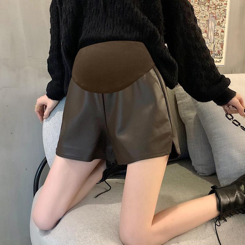 Pregnant women's leather shorts autumn and winter loose casual slit wide-leg pants high waist slimming all-match outerwear a-line pu leather pants