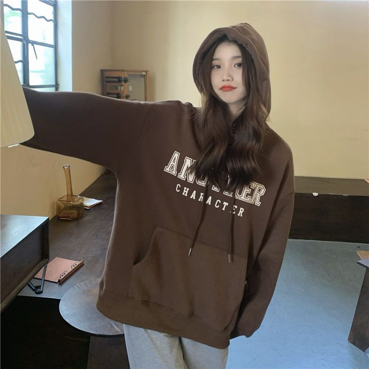 吉兔狗 纯棉咖啡色卫衣女学生棕色卫衣加绒加厚秋冬季新款宽松慵懒风上衣