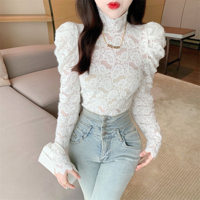 磨毛高領白色蕾絲打底衫女秋冬洋氣長袖內搭上衣別致漂亮保暖小衫