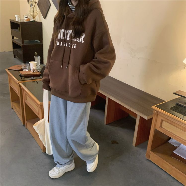 吉兔狗 纯棉咖啡色卫衣女学生棕色卫衣加绒加厚秋冬季新款宽松慵懒风上衣