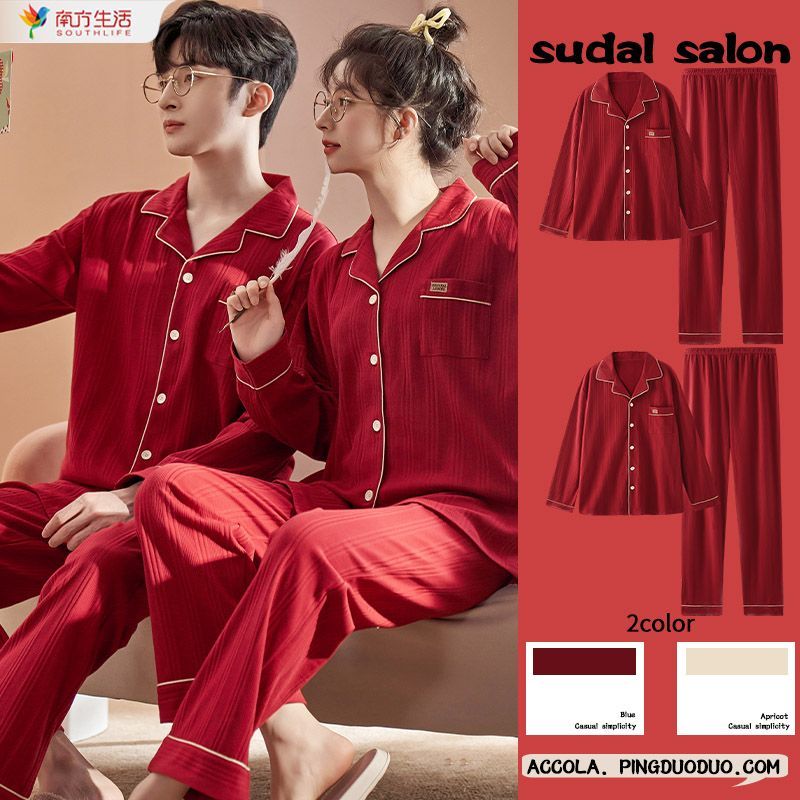 Wedding pajamas female couple spring, autumn and winter long-sleeved red festive bride and groom newly married home service men and women suits